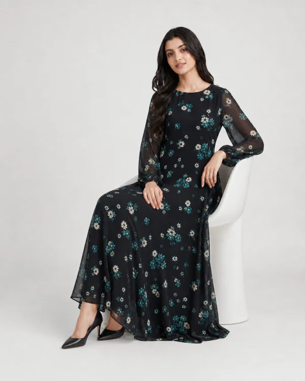 elrare black teal floral maxi seated