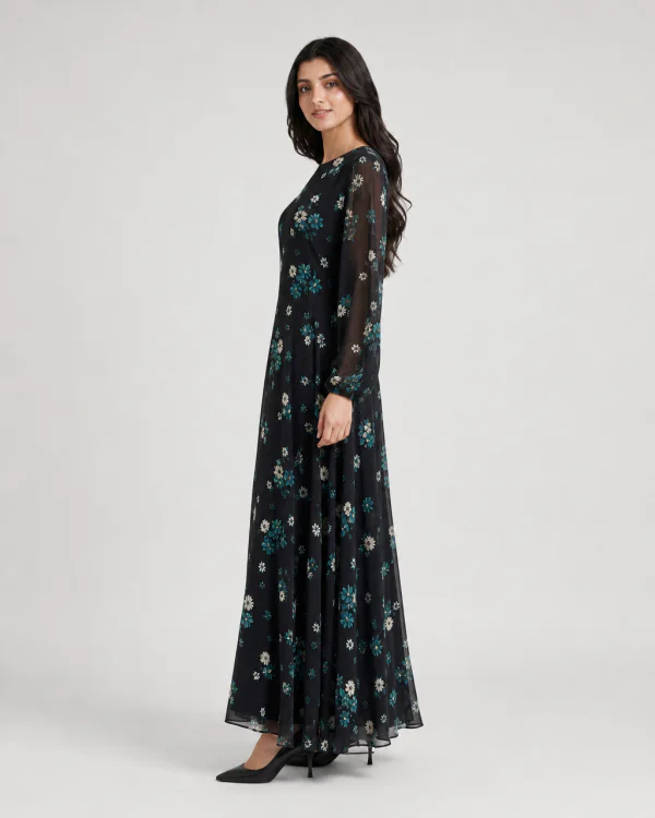elrare black teal floral maxi side view
