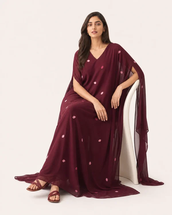 elrare burgundy petal kaftan seated