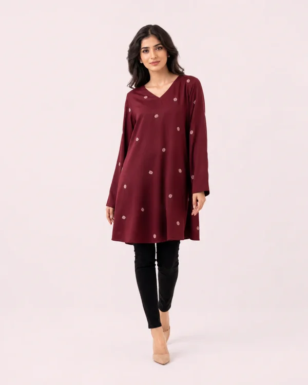 elrare burgundy petal tunic front view