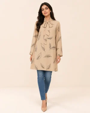elrare camel ink leaf tunic front view