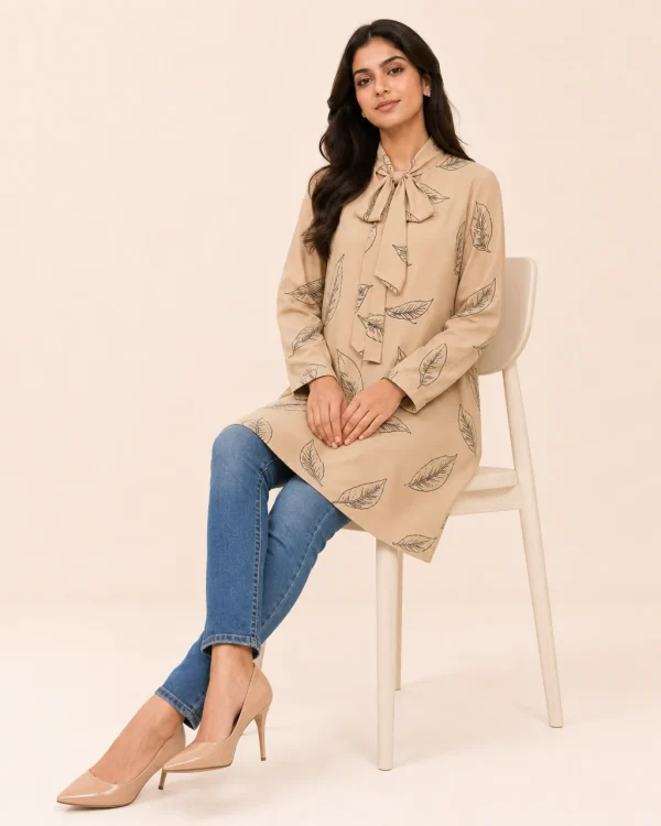 elrare camel ink leaf tunic seated