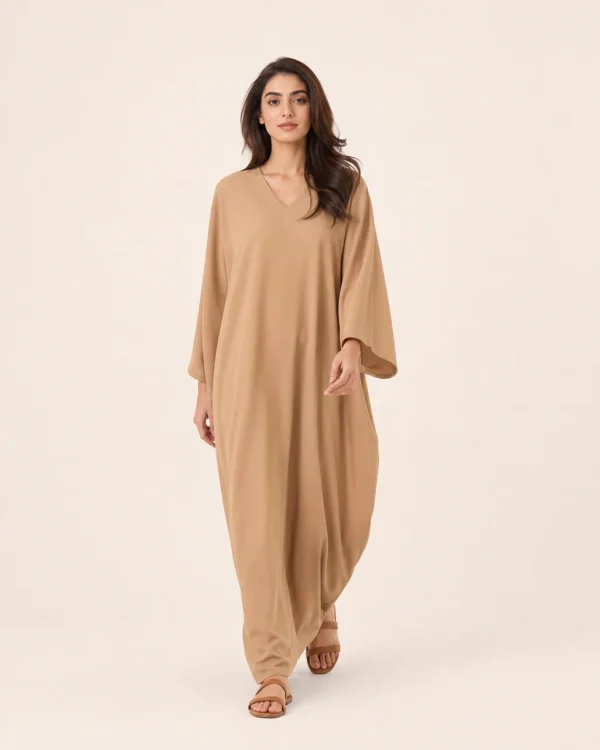 elrare camel solid kaftan front view