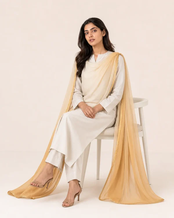 elrare champagne gold ombre dupatta seated