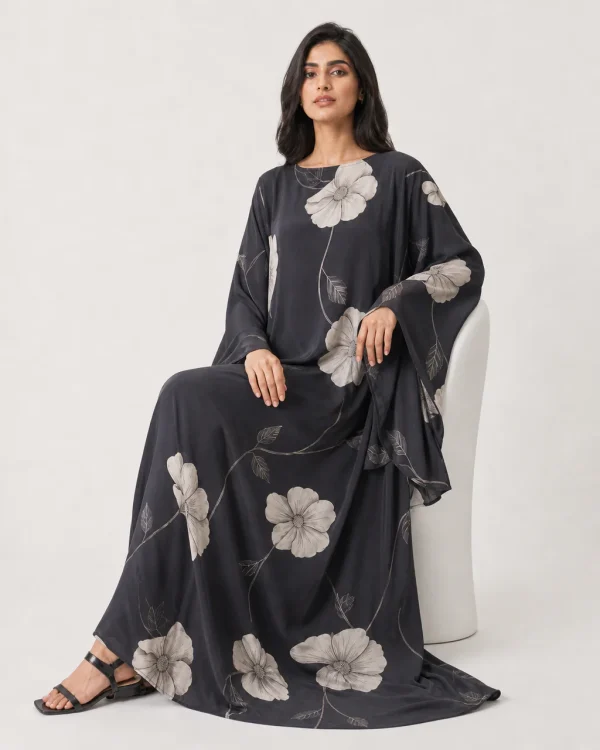 elrare charcoal moonflower kaftan seated