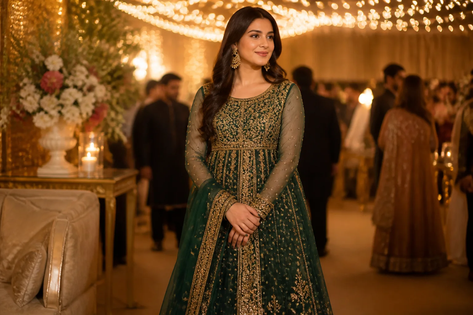 A woman dressed for a baraat evening in an embroidered jewel-tone maxi under warm event lighting