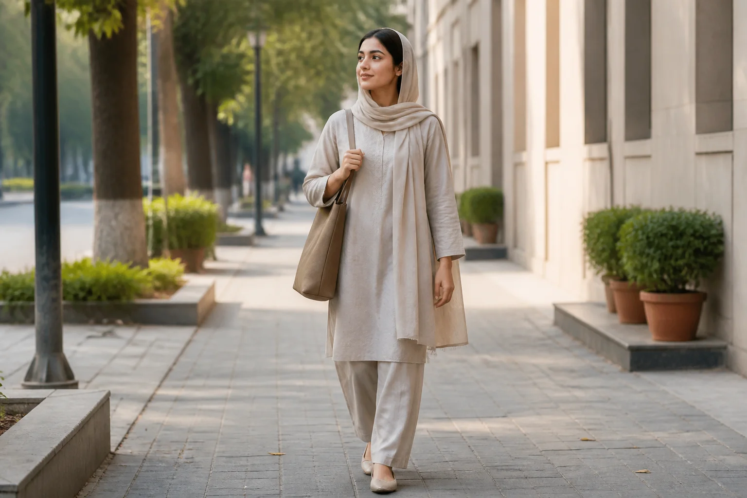 A woman walking to work in a modest cotton tunic and trouser co-ord, everyday Pakistani pret style