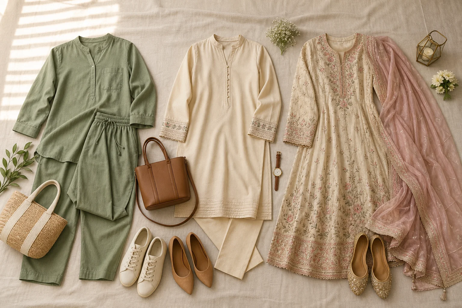 Three Pakistani pret outfits laid out by occasion from casual to festive with accessories