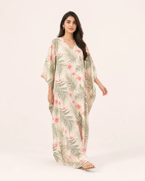elrare coral tropical kaftan front view