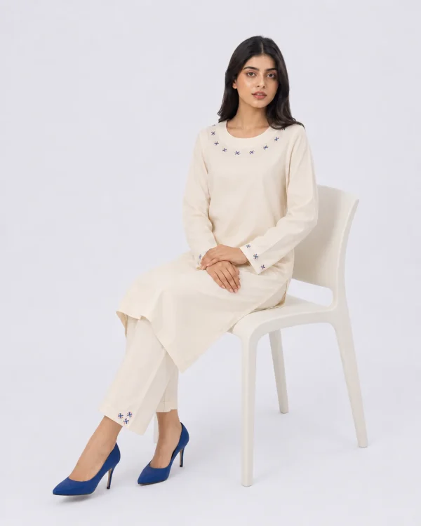 elrare cream blue cross stitch coords seated