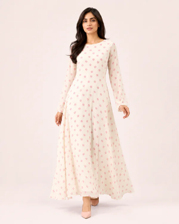 elrare cream pink ditsy maxi front view