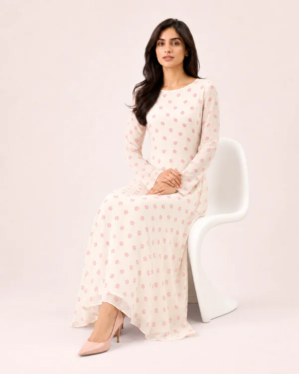 elrare cream pink ditsy maxi seated