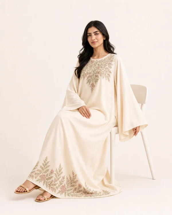 elrare cream resham botanical kaftan seated