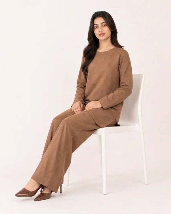 elrare date brown suede crepe coords seated