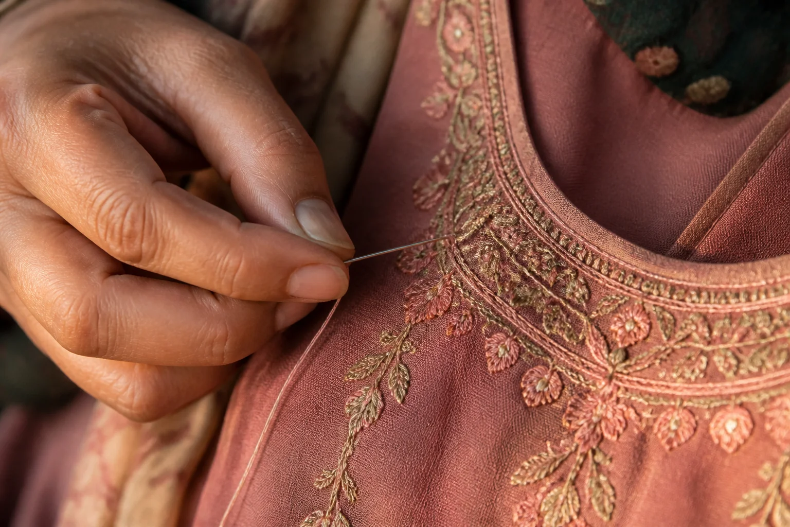 Close-up of hand embroidery detail on a Pakistani designer pret garment