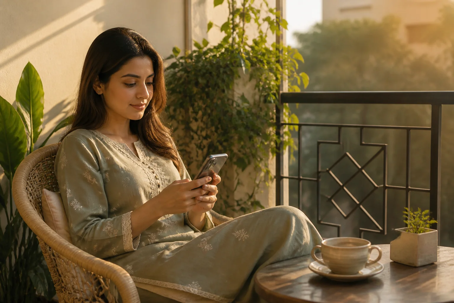 Woman browsing a Pakistani pret studio's online catalog on her phone from a sunlit balcony