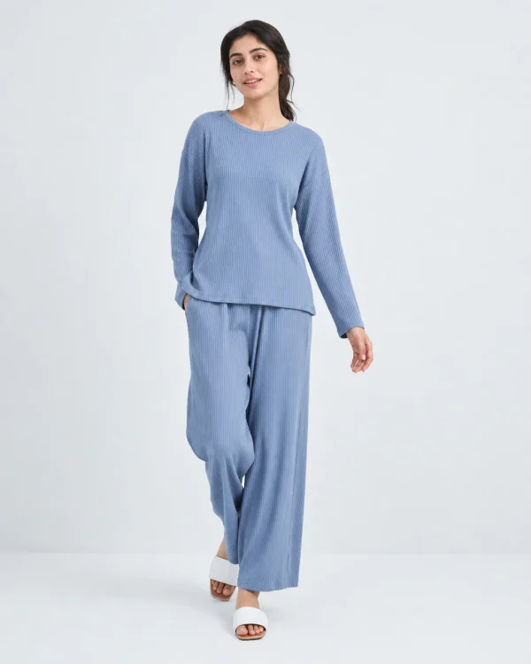elrare dusty blue ribbed lounge front view