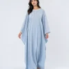 elrare dusty blue schiffli kaftan front view