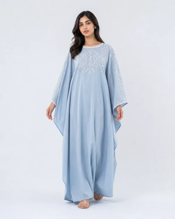elrare dusty blue schiffli kaftan front view