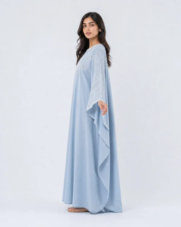 elrare dusty blue schiffli kaftan side view