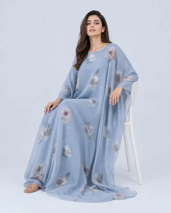 elrare dusty blue watercolor kaftan seated
