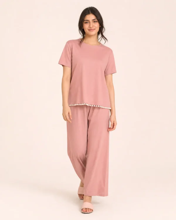 elrare dusty rose pom trim lounge front view