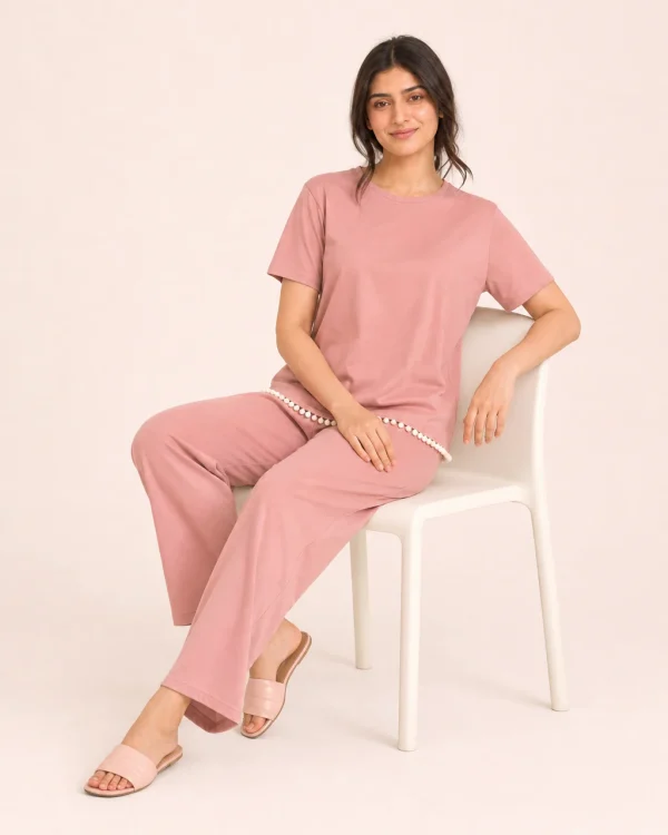 elrare dusty rose pom trim lounge seated