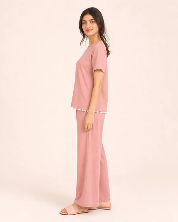 elrare dusty rose pom trim lounge side view