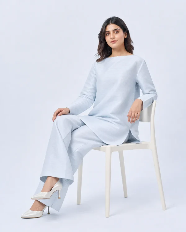 elrare ice blue silk rib coords seated