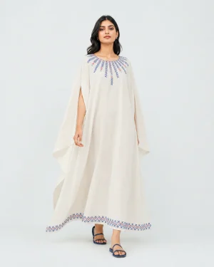 elrare ivory blue cross stitch kaftan front view