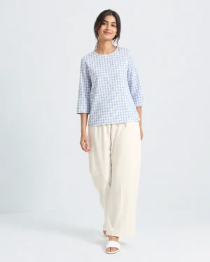 elrare ivory blue gingham lounge front view