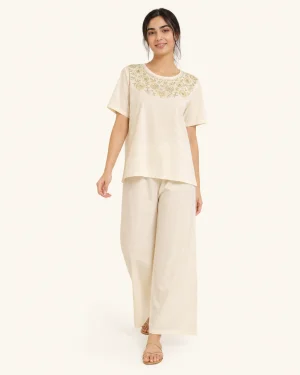 elrare ivory embroidered yoke lounge front view