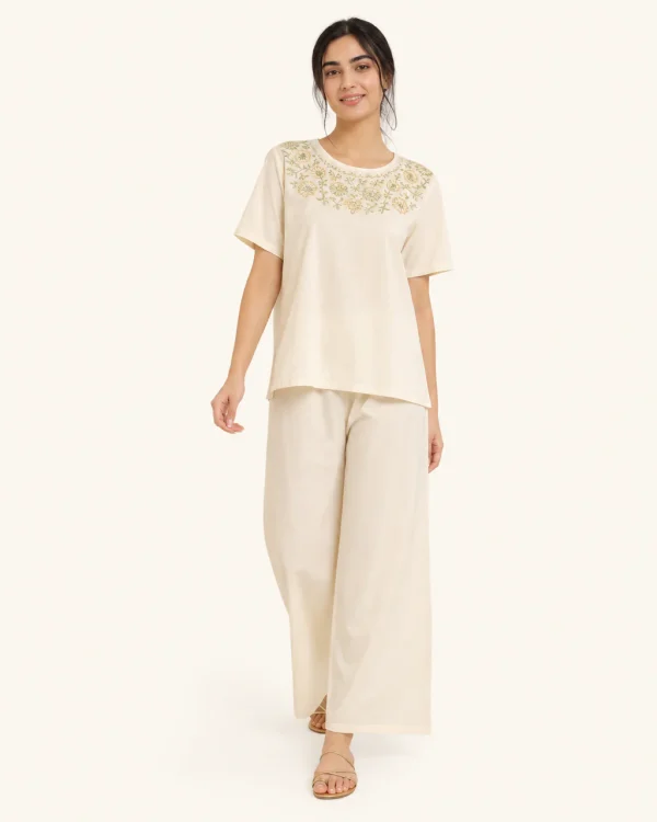 elrare ivory embroidered yoke lounge front view