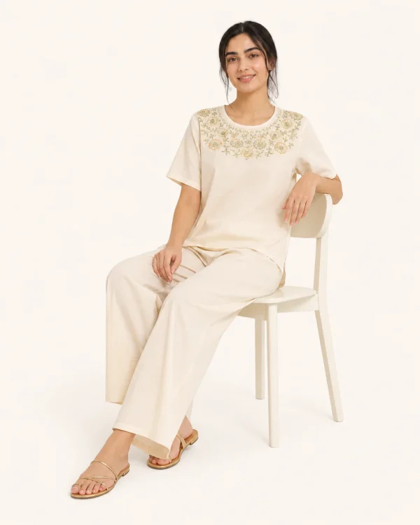 elrare ivory embroidered yoke lounge seated