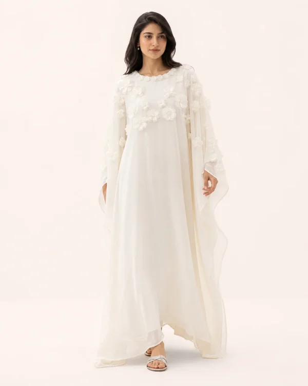 elrare ivory organza applique kaftan front view