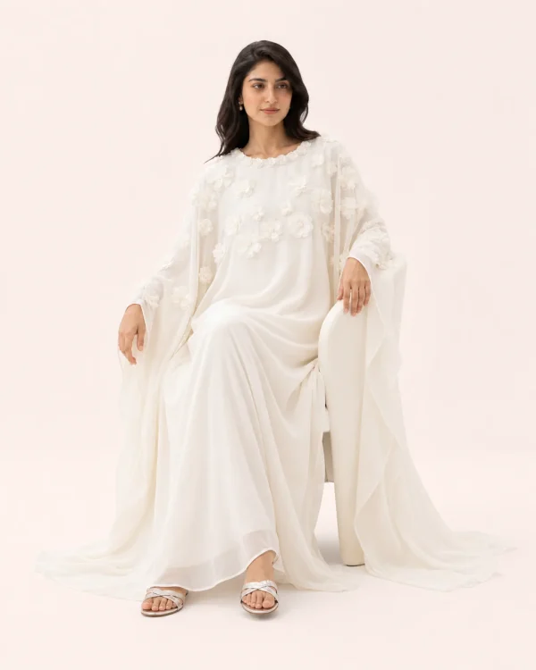 elrare ivory organza applique kaftan seated