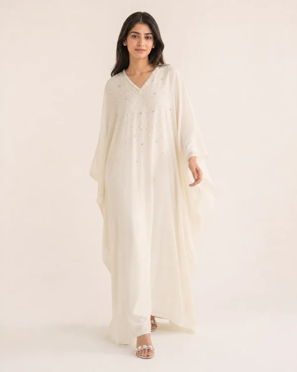 elrare ivory pearl embroidered kaftan front view