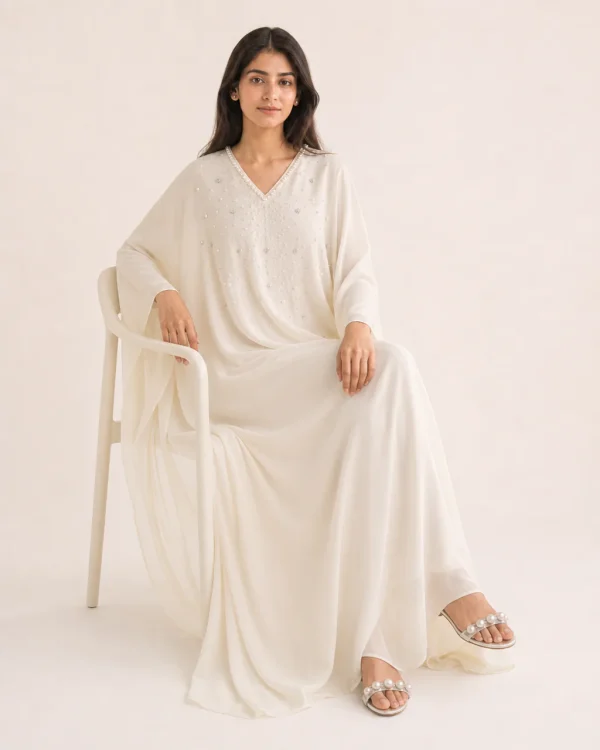 elrare ivory pearl embroidered kaftan seated