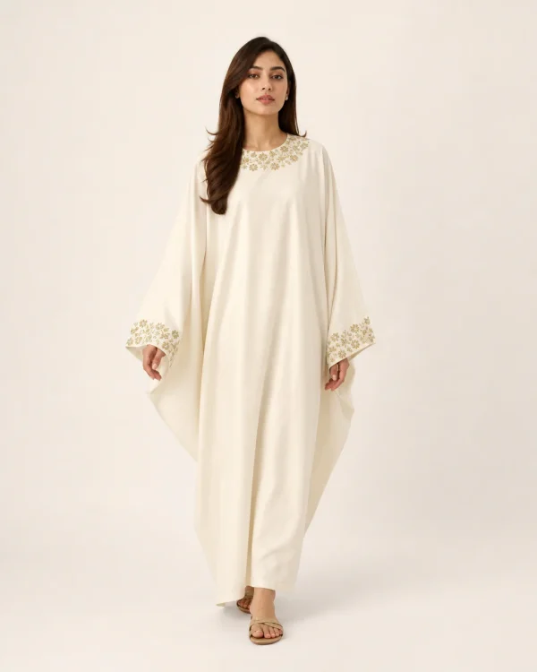 elrare ivory resham floral kaftan front view