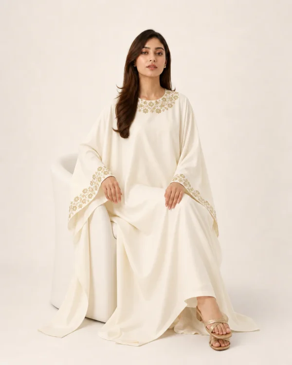 elrare ivory resham floral kaftan seated