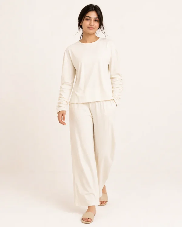 elrare ivory ruched sleeve lounge front view