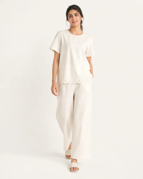 elrare ivory schiffli hem lounge front view
