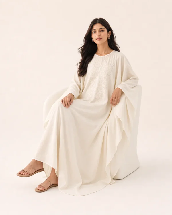 elrare ivory shadow embroidery kaftan seated