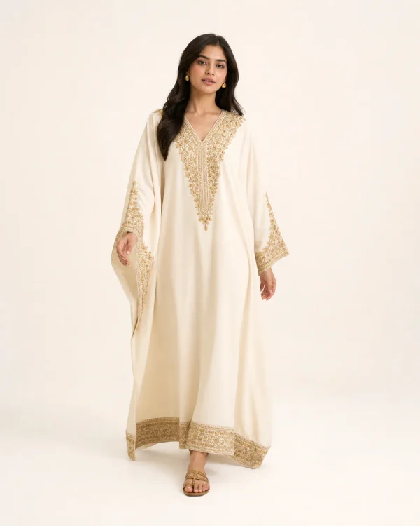 elrare ivory zardozi occasion kaftan front view