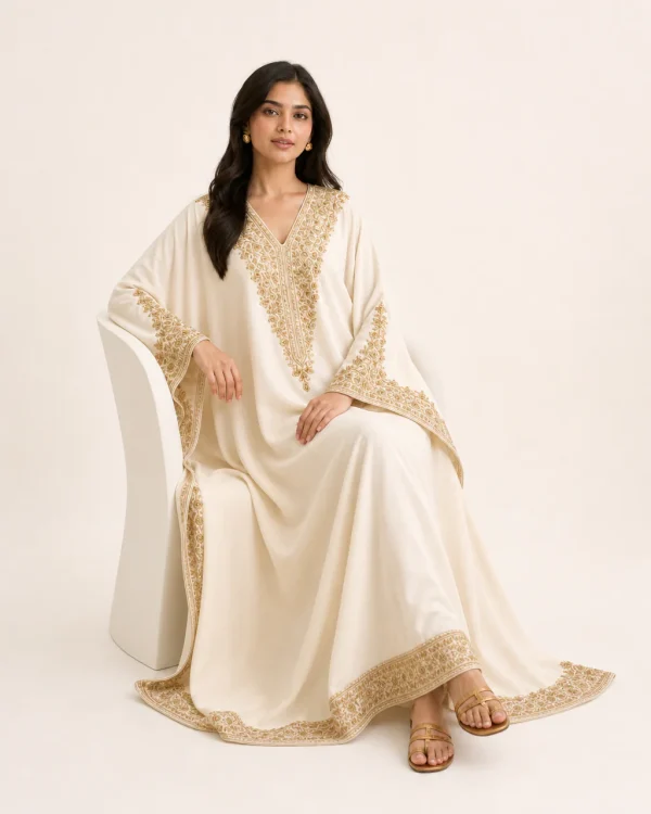 elrare ivory zardozi occasion kaftan seated