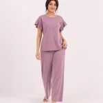 elrare mauve ruffle sleeve lounge front view