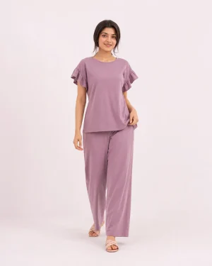elrare mauve ruffle sleeve lounge front view
