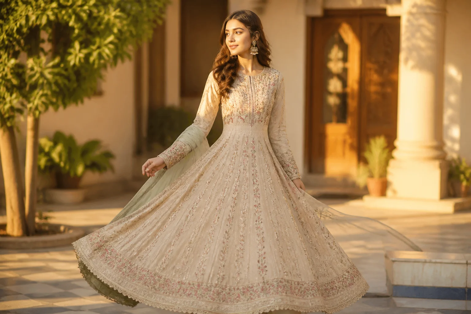 A woman wearing a floor-length anarkali-style maxi dress with a fitted bodice and flared skirt, showing the fuller silhouette some Pakistani buyers call a long frock.