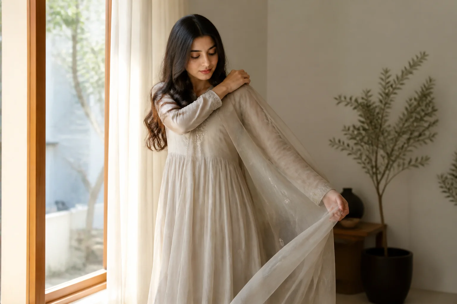 A woman draping a chiffon dupatta over the shoulder of her floor-length maxi dress, illustrating a common styling choice for Pakistani occasion wear.