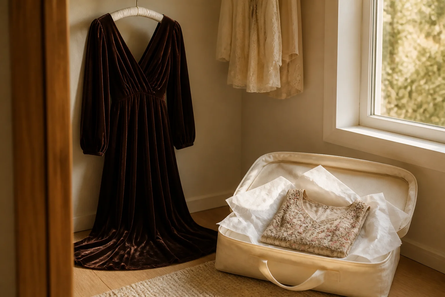 A velvet maxi dress on a padded hanger beside a folded embroidered maxi wrapped in tissue paper, showing proper care and storage for Pakistani pret pieces.